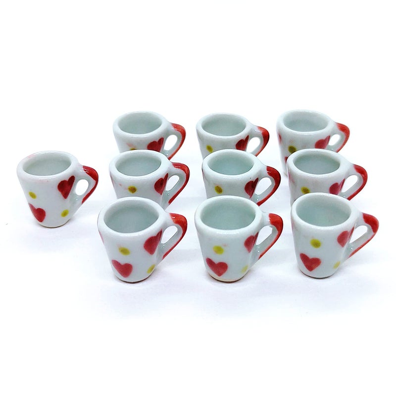 ChangThai Design Very Tiny Â½ Inch White Red Hearts Ceramic Coffee Mug 10 Pieces Set - Miniature Tableware Cup Tray Bowl Crockery Cutlery Kitchenware Handmade Mini Porcelain Decorative Collectible Gift - Image 3